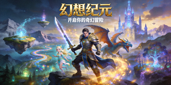 《幻想纪元》游戏宣传主视觉图，展示宏大的奇幻世界与角色