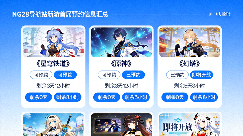 NG28导航站新游首发预约信息汇总页面截图，展示多款热门新游的预约状态与倒计时