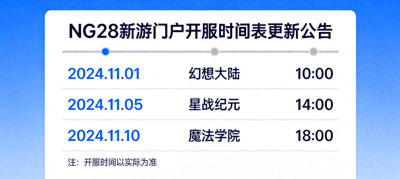 NG28新游门户开服时间表更新公告页面，展示详细的开服计划