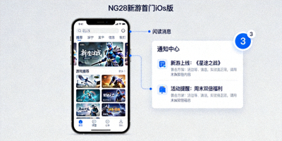 NG28新游门户iOS版APP在iPhone上的界面展示，突出简洁的设计和通知功能