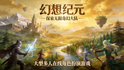 奇幻风格大型多人在线角色扮演游戏《幻想纪元》宣传海报，展示广阔的游戏世界和角色