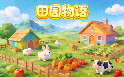 卡通风格休闲模拟经营游戏《田园物语》游戏画面，展示农场与可爱动物
